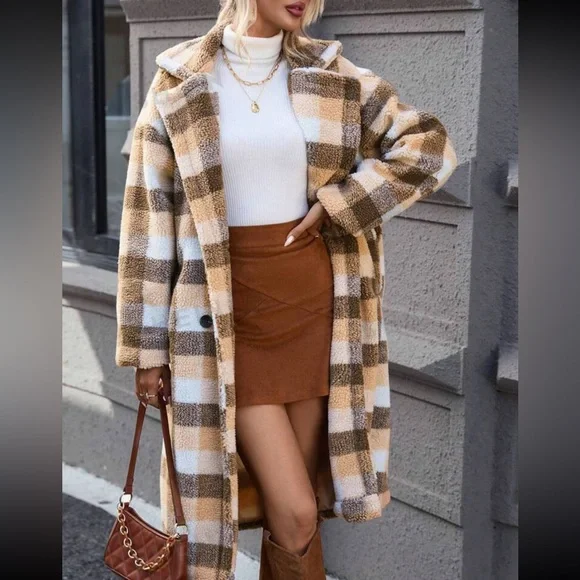 Cozy plaid lapel neck teddy coat